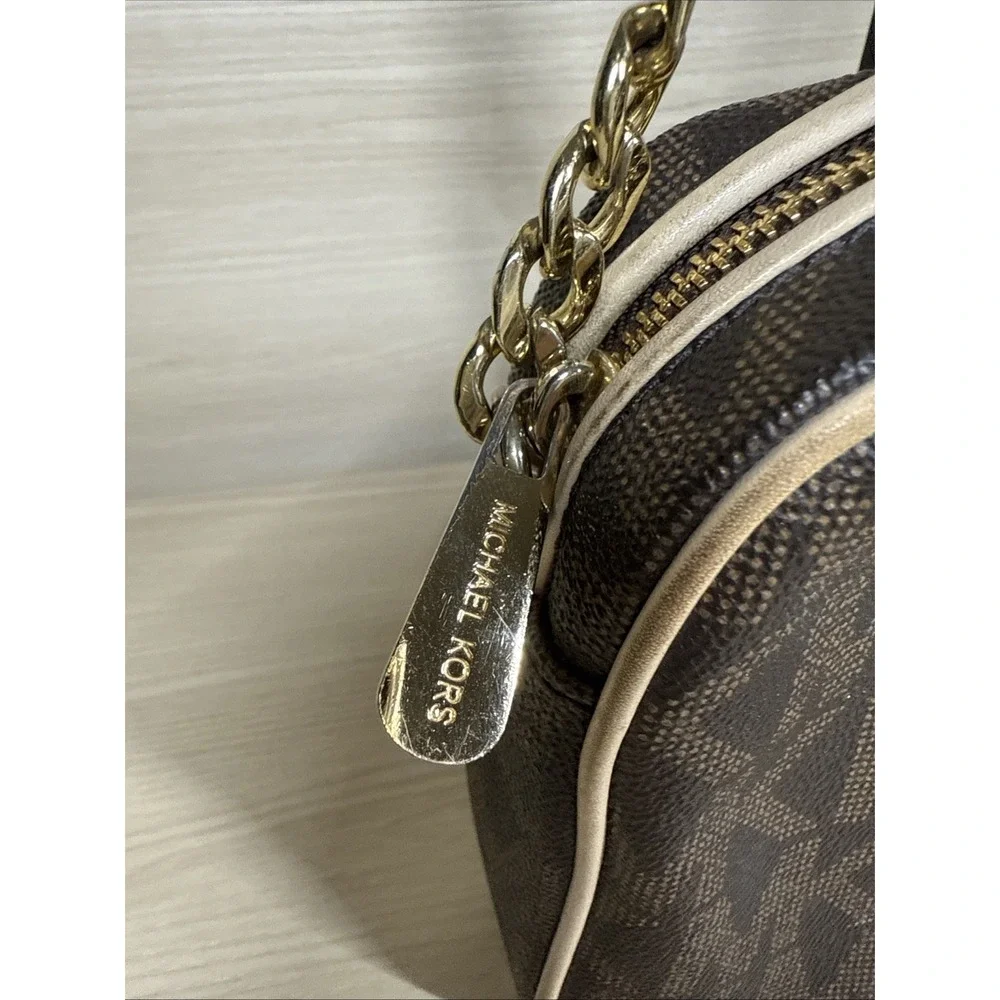Michael Kors Brown Logo Saffiano Leather‎ Gold Chain Jet Set Small Crossbody